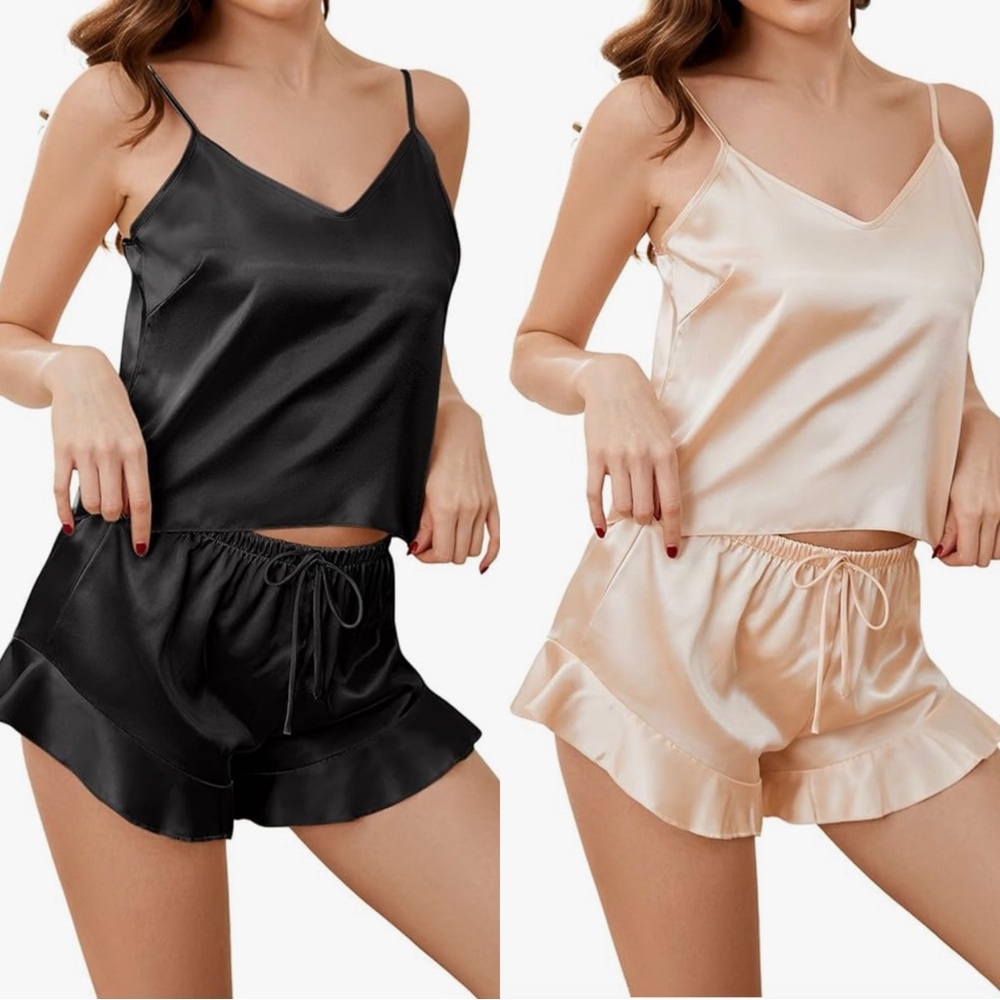 2 SETS Women's Silk Satin Sleepwear Set - Black and Champagne